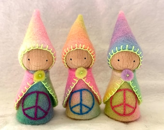 Peace Gnomes, Set of 3, Waldorf Inspired, Hand Dyed Pure Wool Felt