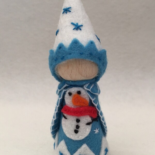 Winter Gnome, Waldorf/Steiner Inspired, Wooden Peg Doll, Merino Wool Felt
