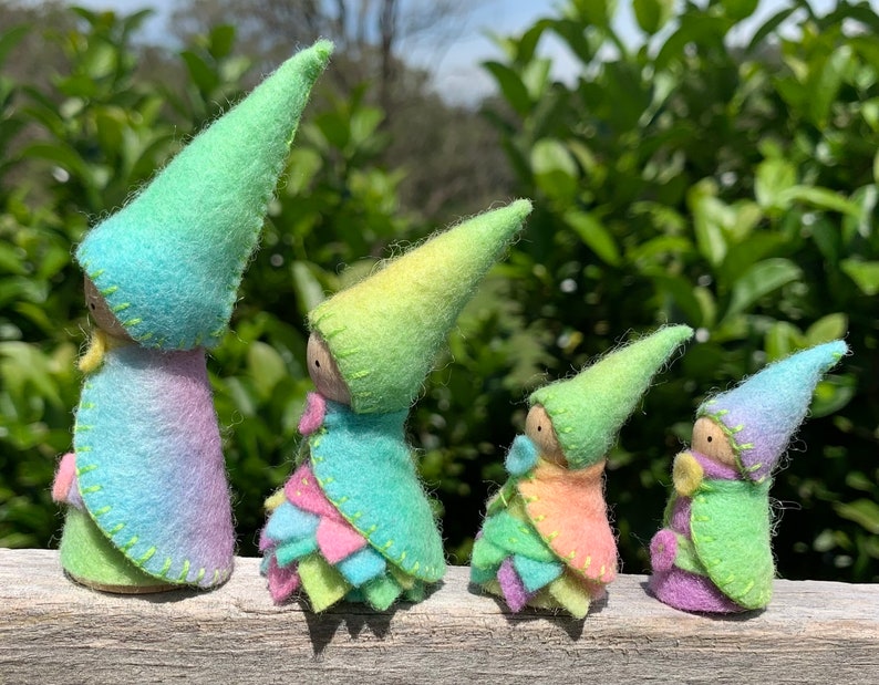 Pastel Rainbow Gnome Family, Set of 4, Waldorf/Steiner Inspired, Peg Dolls, Wool Felt image 2