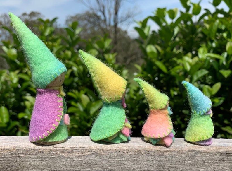 Pastel Rainbow Gnome Family, Set of 4, Waldorf/Steiner Inspired, Peg Dolls, Wool Felt image 4
