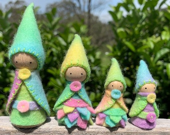 Pastel Rainbow Gnome Family, Set of 4, Waldorf/Steiner Inspired, Peg Dolls, Wool Felt