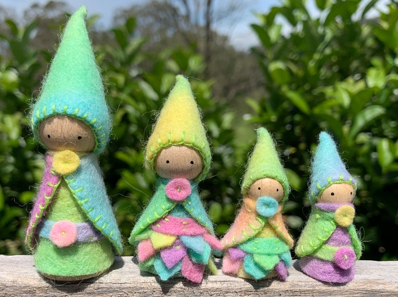 Pastel Rainbow Gnome Family, Set of 4, Waldorf/Steiner Inspired, Peg Dolls, Wool Felt image 1