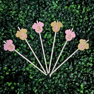 Minnie Mouse pink and gold glitter cupcake/cake pop toppers