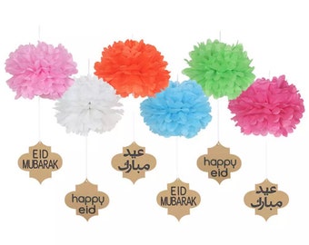 Eid Mubarak Decorations Paper Pom Pom Flowers DIY 6 piece set