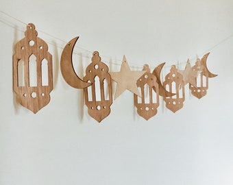 Eid Mubarak Decorations Banner Wood Ramadan Kareem Lantern stars moon Balloons