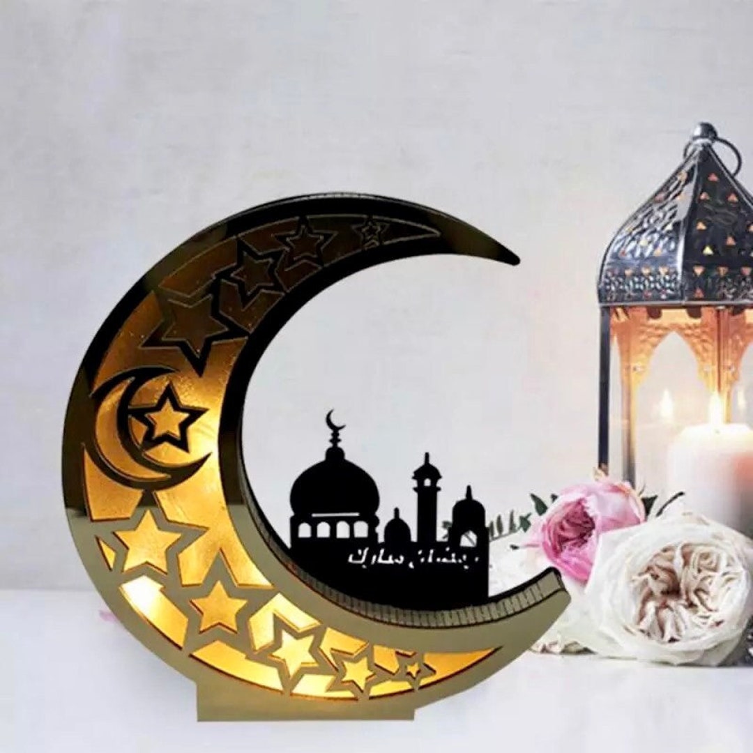 Decorazioni Ramadan – Banner Eid Mubarak E Ghirlanda Con Luna, Stella E Lanterna – Set Da 9 Pezzi In Cartone Dorato – Per Feste Islamiche, Decorazioni Casa