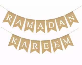 Ramadan Kareem Banner Decorations Burlap Hessian Jute Elegant Rustic Vintage Eid Mubarak Hessian Banner