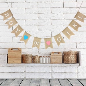 Boy or Girl Banner Gender Reveal Decorations Baby Shower Burlap Hessian Vintage Rustic Banner