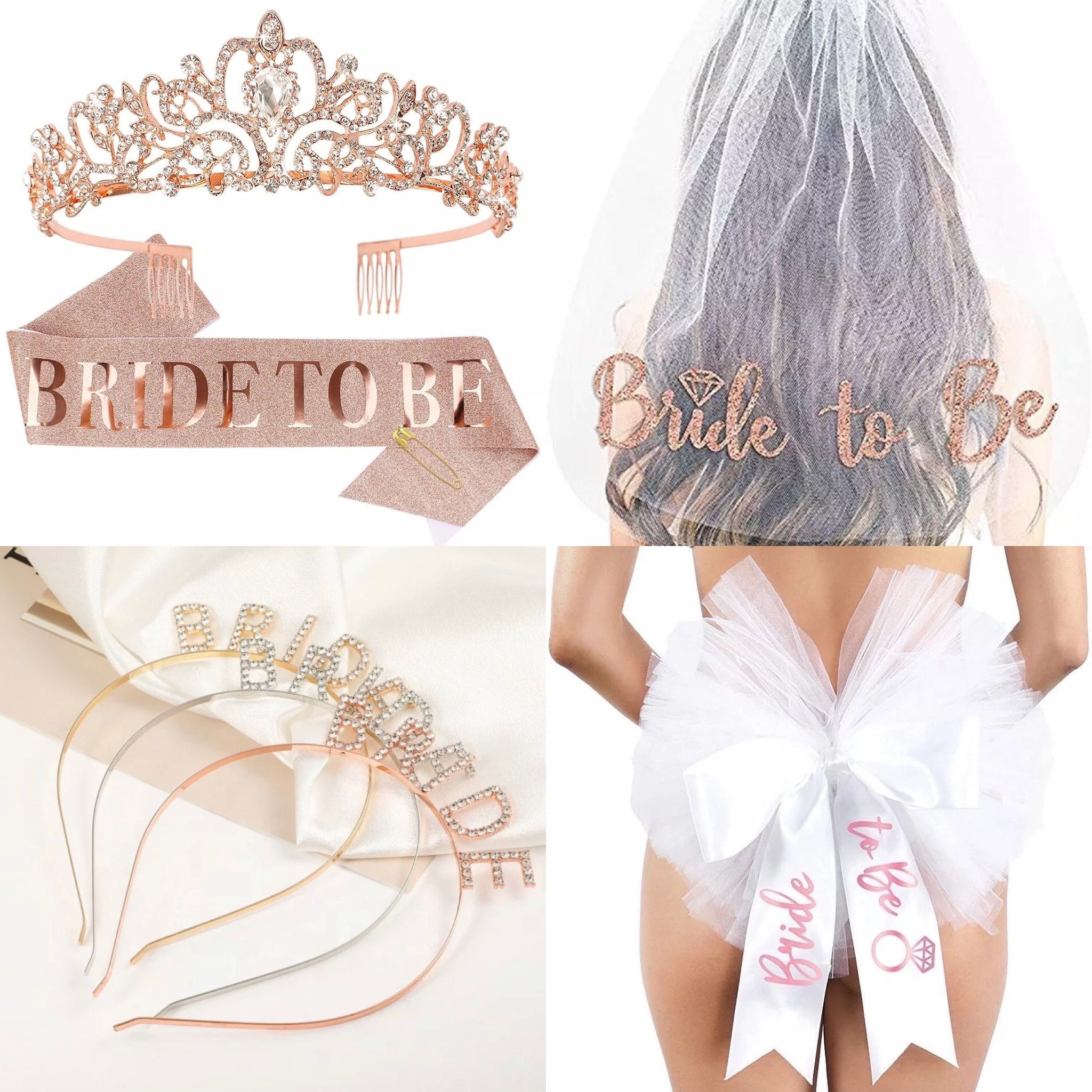  Rose Gold Crown + Bride To Be Sash + Veil Set