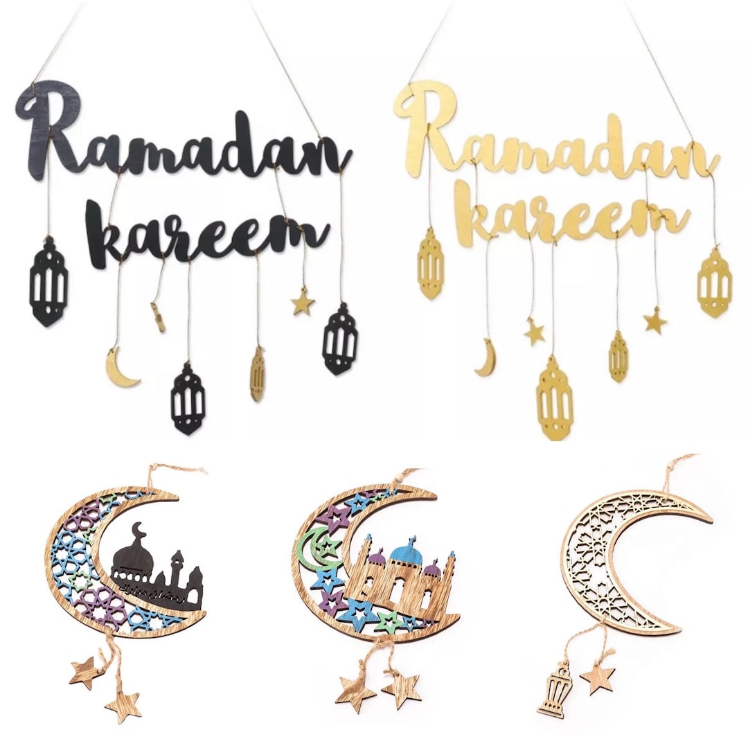 Eid Mubarak Decorations Banner Wall Hanging Frame Wreath Raw Wood MDF ...
