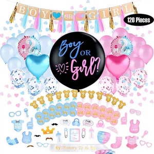 Boy or Girl Gender Reveal Baby Shower Decorations Balloons Banner Topper He She Confetti Backdrop Photo props