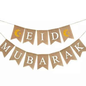 Ramadan Kareem Banner Decorations Burlap Hessian Jute Elegant Rustic Vintage Eid Mubarak Hessian Banner Eid 2 x star moon