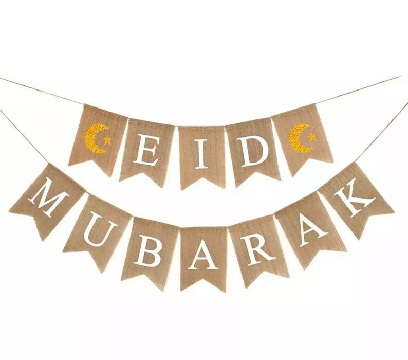 Ramadan Kareem Banner Decorations Burlap Hessian Jute Elegant Rustic Vintage Eid Mubarak Hessian Banner Eid 2 x star moon