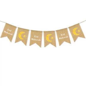 Ramadan Kareem Banner Decorations Burlap Hessian Jute Elegant Rustic Vintage Eid Mubarak Hessian Banner Eid 3 x star moon