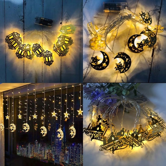 20 LED Eid Mubarak String Lights Ramadan LED Lights Battery Powered Mubarak  Moon Lantern Lights Decoration Mubarak Home Lamp Decorations (Lantern)