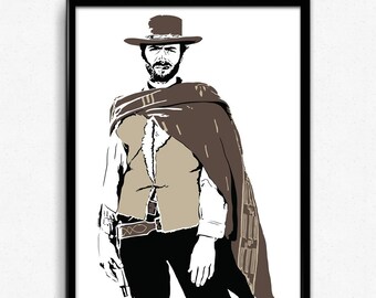 Rugged Illustration of the Man with No Name gifts for him western movie fan cowboy poster Clint Eastwood Art Print