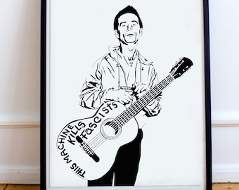 Woody Guthrie Art Print - Illustration of the Folk Guitarist and Songwriter // guitarist gift  // music lover // american history