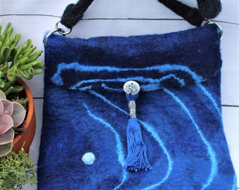 Blue Ripples felted hand bag