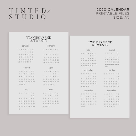 2020 calendar printable yearly view collection 02 a5 etsy