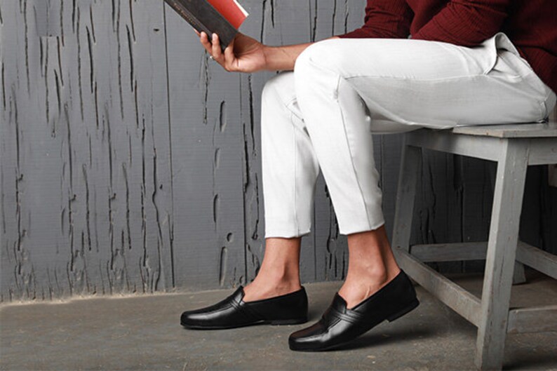 Black Handcrafted Vegan Slip-On Summer Flat Shoes by Funky Kalakar