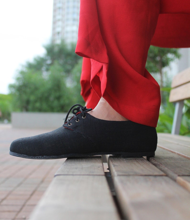 Black Handcrafted Vegan Slip-On Summer Flat Shoes by Funky Kalakar