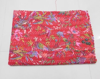 Red Bird Print Vintage Handmade Kantha Bedspread Throw Cotton Blanket Gudari Queen 90x108 inch