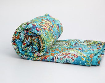 Indian Handmade reversible Turquoise Paisley Design Kantha Quilt Cotton Kantha Blanket Hand Stitched Kantha Bedspread Bohemian Kantha Throw