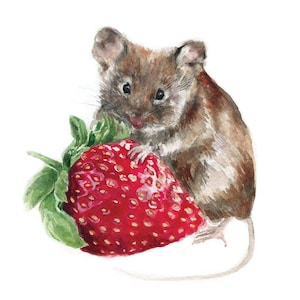 Field Mouse With a Strawberry-  Art Print, Watercolor, Nursery Art, Gift For Animal Lover// 5x7, 8x10
