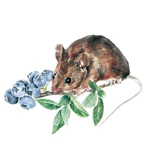 Mouse with Blueberries - Art Print, Watercolor, Illustration, Wall Art, Nursery painting // 5x7, 8x10