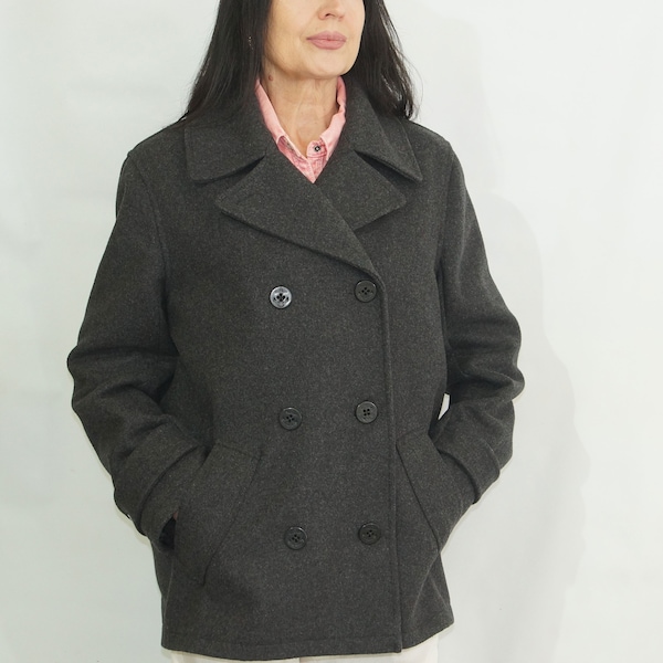 Caban croisé gris foncé en laine pour femmes, trench-coat vintage automne-hiver de style marin