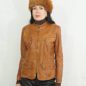 vintage Veste en cuir d'agneau véritable doux pour femmes avec fermeture à glissière, veste classique, taille marquée GB 16