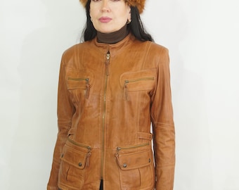 Vintage Women&#39;s tan soft genuine lamb Leather jacket zip closure classic jacket marked size GB 16