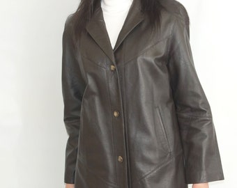 Giacca lunga, trench e cappotto classico vintage da donna in vera pelle marrone scuro, marcata taglia L