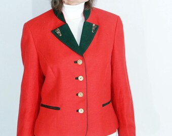 Vintage Austrian Trachten Jacket, Red Linen Wool Blend, Forest Green Velvet Collar, Size 40