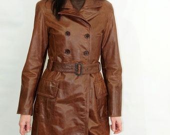 Vintage  stylish double-breasted belted distressed brown genuine Leather long Coat , marked size M