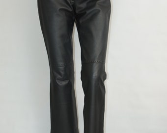 Women's Black Soft Leather Bootcut Pants, Low rise, marked as 42 size  (GB 10)