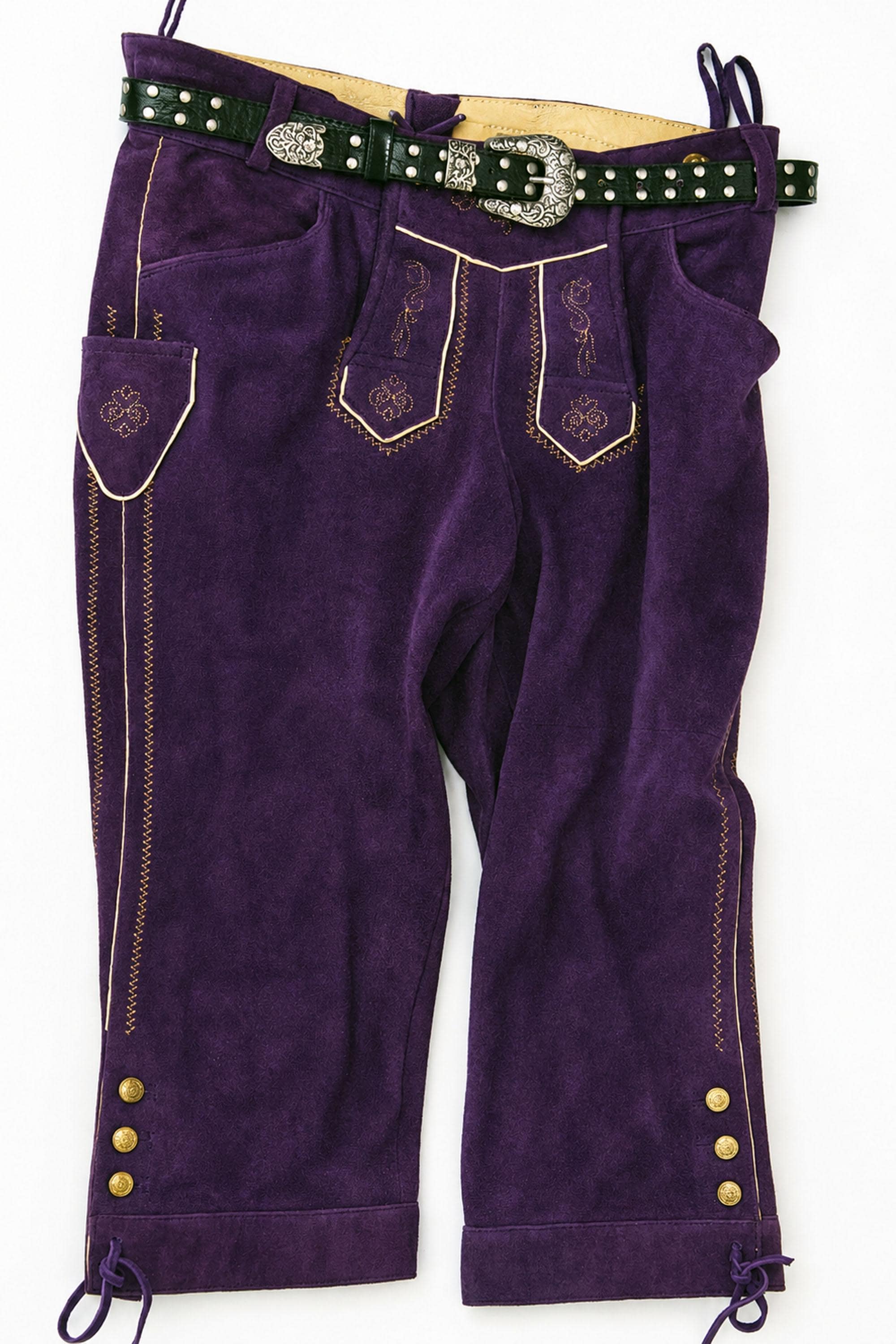Vintage Purple Suede Lederhosen Trachten Pants with Studded Belt, tag Size 38