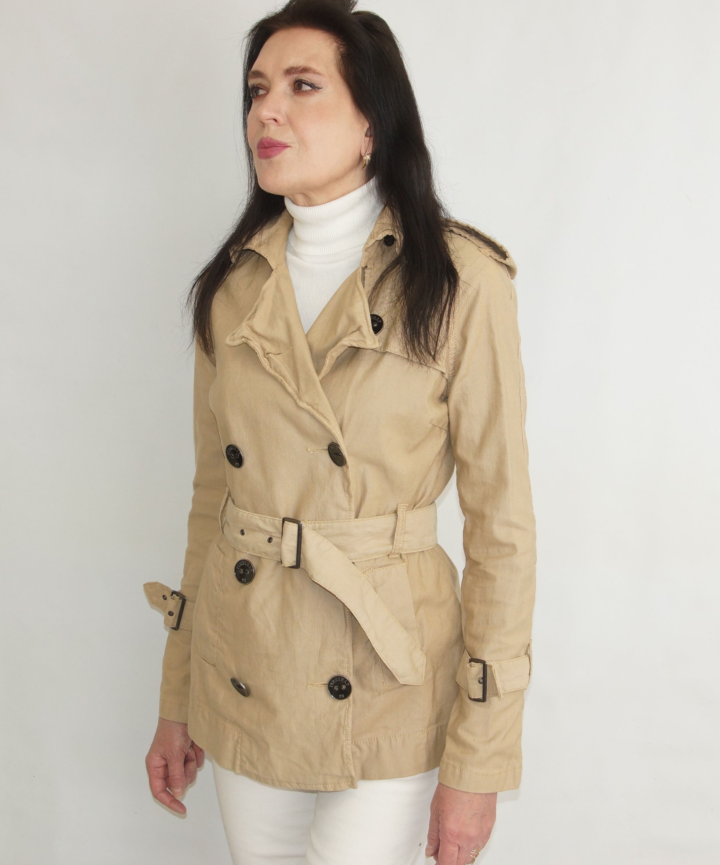 Beige Double Breasted Short Trench Jacket main image 0