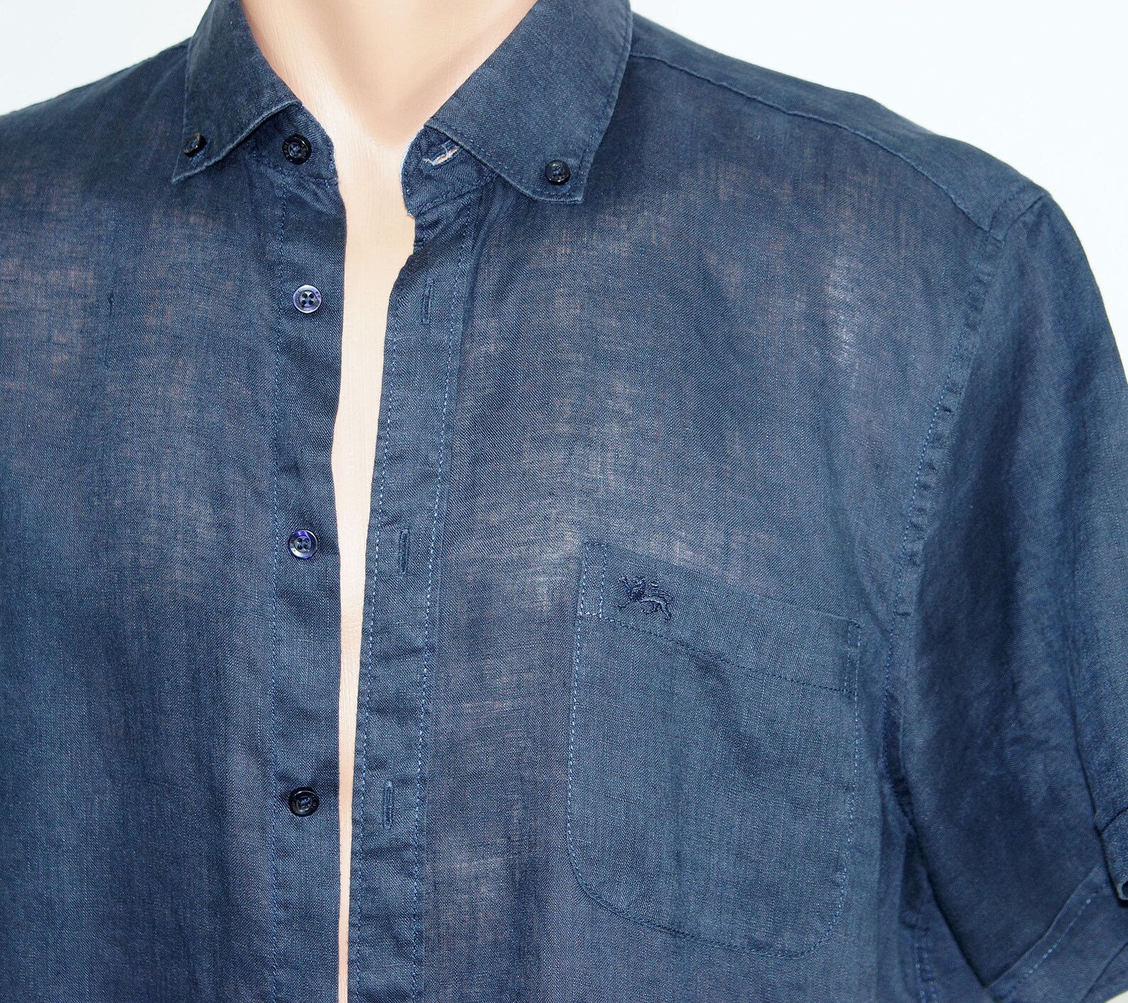 Vintage 100 Linen men's dark blue shirt short sleeve Etsy