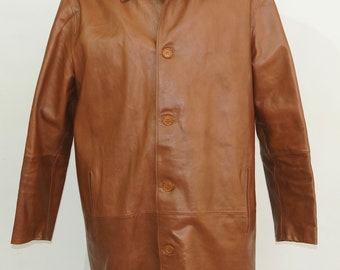 MEN'S tan real Leather  jacket  4 buttons down closure vintage coat marked size XXL
