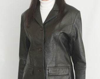 Women&#39;s black genuine leather button jacket , Label size 14