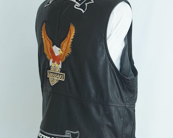 Vintage Black Leather Biker Vest with Embroidery Patches (Size D 50)