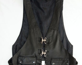 gilet vintage en cuir véritable noir avec poches