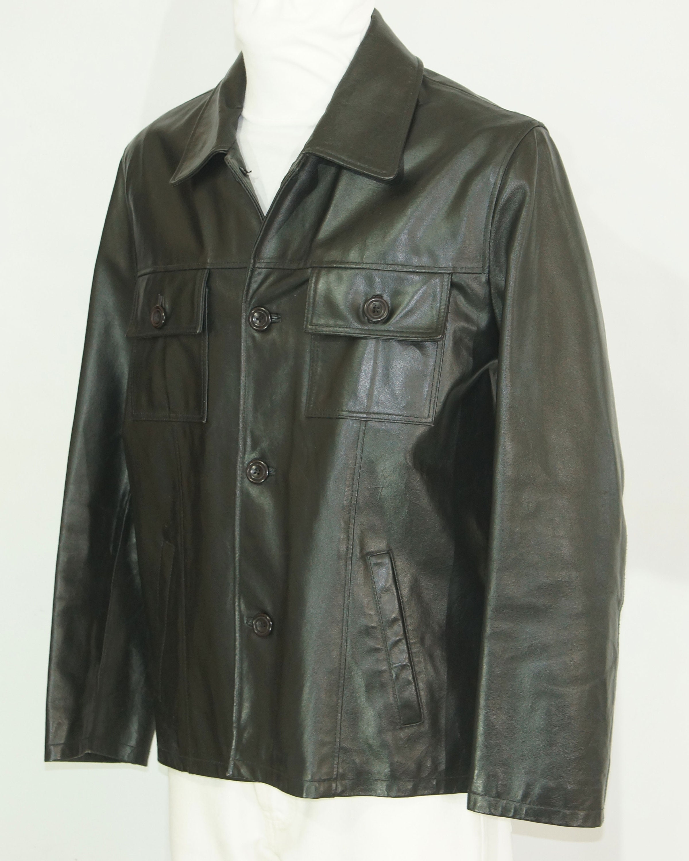 MEN'S Real Leather Black Jacket 4 Buttons Down Closure