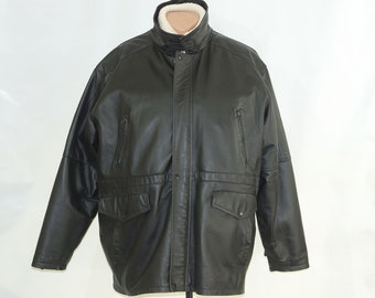 Big size black leather men's warm jacket ,  marked size XXL 52/54