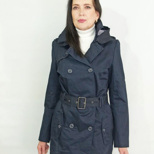 Trench bleu foncé croisé en coton pour femme avec bouton classique pour femme, étiquette taille L