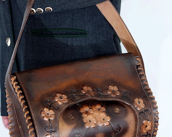 Vintage Hand-Tooled Leather Handbag, Embossed Floral Western Boho Bag