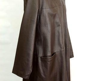 Bruine echt leren damesjas elegante lange damesjas, vintage gemarkeerd maat 18