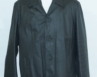 MEN'S Black Thick Leather Button Jacket , Vintage, marked size XL