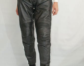Vintage motorcycle black leather pants with soft knee hips protection size 38